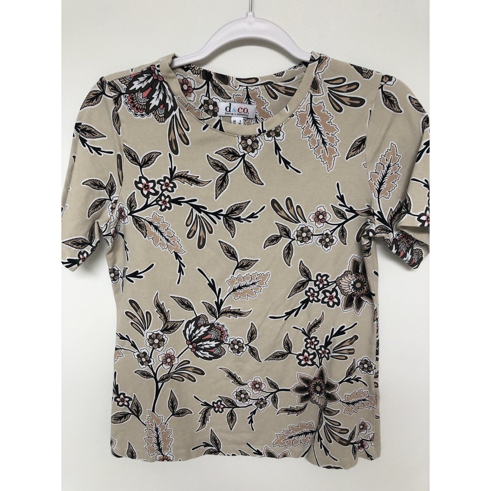 Denim & Co Womens XS Tan Khaki Floral Botanical Short Sleeve Crew Neck Top Shirt